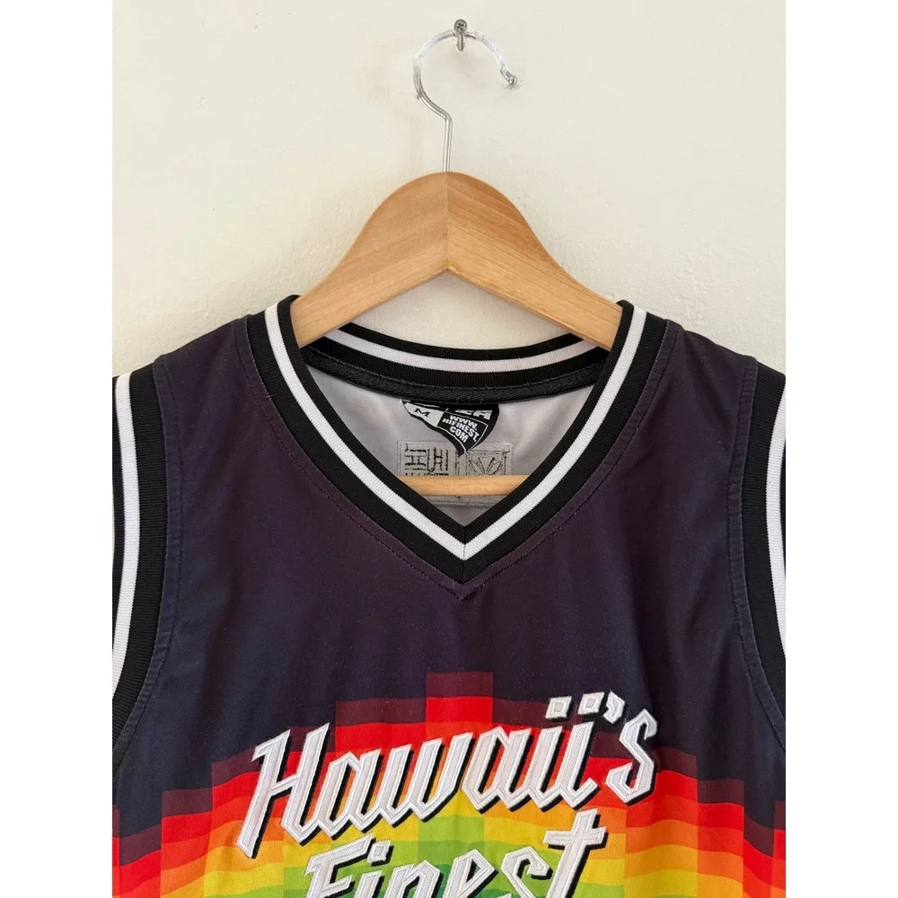 Hawaiis Finest Kids Basketball Jersey Black Rainbow Pixel Gradient Size M